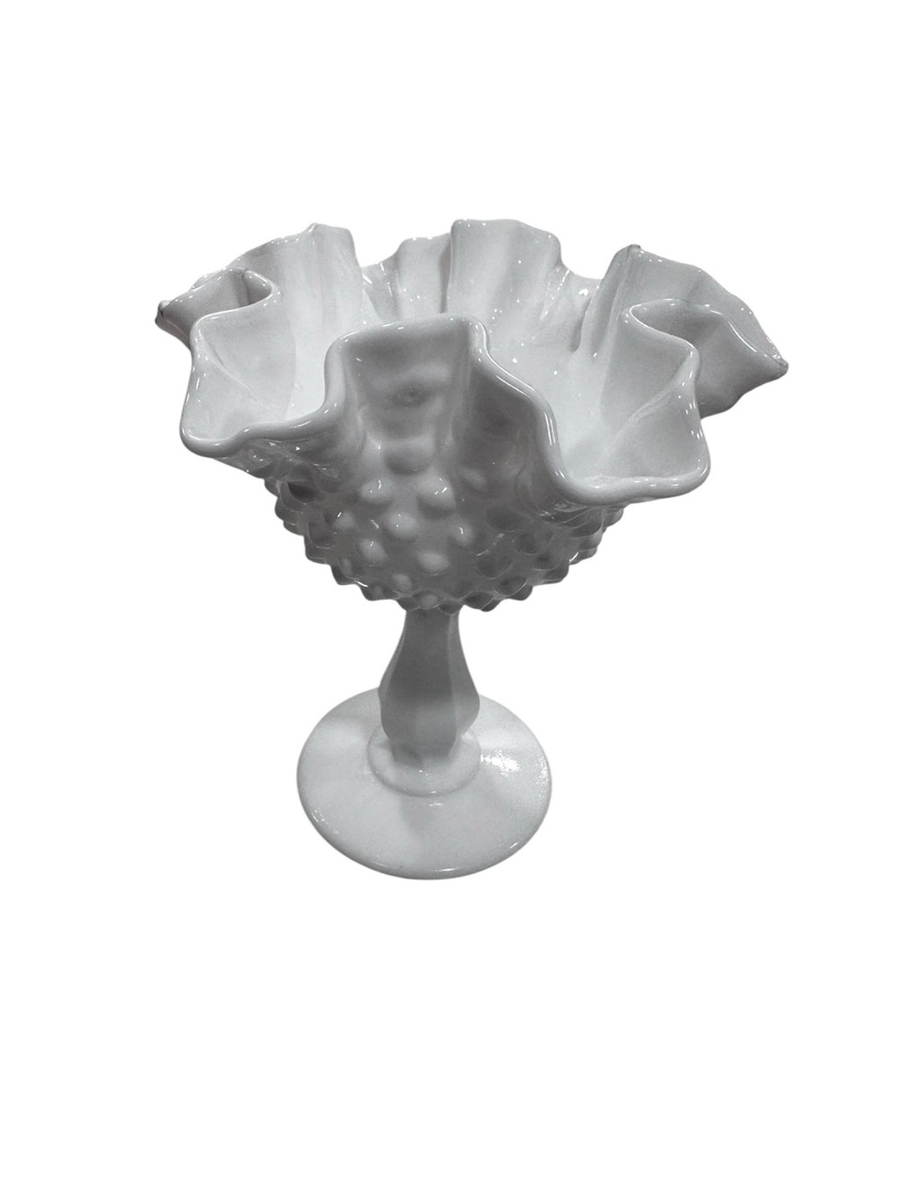 Vintage Milk Glass Ruffle Hobnail Compote